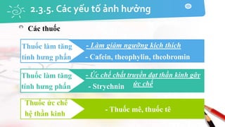 2.3.5. Các yếu tố ảnh hưởng
Thuốc làm tăng
tính hưng phấn
- Làm giảm ngưỡng kích thích
Thuốc làm tăng
tính hưng phấn
- Ức chế chất truyền đạt thần kinh gây
ức chế
Thuốc ức chế
hệ thần kinh
- Thuốc mê, thuốc tê
Các thuốc
- Cafein, theophylin, theobromin
- Strychnin
 
