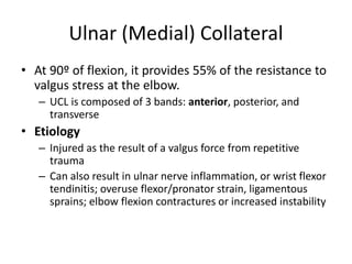 Ulnar (Medial) Collateral
• At 90º of flexion, it provides 55% of the resistance to
valgus stress at the elbow.
– UCL is composed of 3 bands: anterior, posterior, and
transverse
• Etiology
– Injured as the result of a valgus force from repetitive
trauma
– Can also result in ulnar nerve inflammation, or wrist flexor
tendinitis; overuse flexor/pronator strain, ligamentous
sprains; elbow flexion contractures or increased instability
 