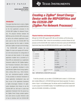 W H I T E            PA P E R
                                  Zin Kyaw,
                Systems Application Engineer
                            Texas Instruments



                                                Creating a ZigBee® Smart Energy
                                                Device with the MSP430F54xx and
Introduction
This paper describes how to create a ZigBee
                                                the CC2530-ZNP
Smart Energy Device using the MSP430F54xx       (ZigBee Pro Network Processor)
as the host application processor to the
CC2530-ZNP (ZigBee Pro Network Proces-
sor). The physical interface between the
MSP430 and the CC2530-ZNP is discussed,         Physical interface and development platform
as well as the software application frame-      Although the CC2530-ZNP supports UART, USB, and SPI interfaces, we’ll be discussing

work used to drive the CC2530-ZNP. This         use of the SPI interface. Table 1 shows the recommended pin connection between the host

paper assumes that the reader is familiar       processor and the CC2530-ZNP, which matches the interconnect used by the EXP430F5438

with basic ZigBee concepts and terminology.     Experimenter Board where the MSP430F5438 USCI B0 is used in 3-wire SPI mode.

  The CC2530-ZNP contains the core
ZigBee Pro stack and exposes API interfac-       MSP430F5438           Direction                  CC2530-ZNP                Direction
                                                 P3.0                  Out                        P1.4 (SS)                 In
es to the host processor for configuration of
                                                 P3.1 (UCB0SIMO)       Out                        P1.6 (MOSI)               In
the stack and data transfer. In the sample
                                                 P3.2 (UCB0SOMI)       In                         P1.7 (MISO)               Out
application installer that is provided by TI,    P3.3 (UCB0CLK)        Out                        P1.5 (SCLK)               In
these APIs are abstracted by an application      P1.2                  Out                        RESET_N                   In

framework called the ZAP (ZigBee Applica-        P1.4                  In                         P0.4 (SRDY)               Out

tion Processor) framework, which makes it        P1.6                  Out                        P0.3 (MRDY)               In
                                                                                                  P2.0 (CFG1, driven HIGH
easy for an application developer to write       P8.2                  Out
                                                                                                  for SPI transport)        In

sophisticated ZigBee Smart Energy applica-       N/C                   Configured as input with   P1.2 (CFG0)               In
                                                                       pull-up
tions, among others (e.g., Home Automa-
                                                Table 1. MSP430F5438 to CC2530-ZNP interconnect.
tion and manufacturer-specific profiles).
TI has provided an extensive framework to
make application development easy and             To test this connection, one can obtain a CC2530EMK [which contains 2× CC2530 evalu-

thus re-use of this application framework       ation modules (EMs)] and 2× EXP430F5438 Experimenter Boards separately. This setup is

is highly encouraged. However, for appli-       shown in Figure 1 on the following page. One will also need the SmartRF05EB board which

cation developers that choose to use the        is used to program the CC2530EM modules. The SmartRF05EB board comes included with

CC2530-ZNP but still want to build their        either the CC2530DK, CC2530ZDK, or CC2520DK.

application framework from the ground up,
the ZigBee Smart Energy sample applica-
tion suite serves as great reference code
of how to interface with the CC2530-ZNP.
 