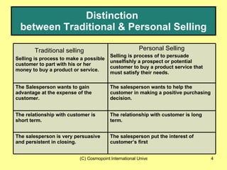 Distinction  between Traditional & Personal Selling The salesperson put the interest of customer’s first The salesperson is very persuasive and persistent in closing.  The relationship with customer is long term. The relationship with customer is short term. The salesperson wants to help the customer in making a positive purchasing decision. The Salesperson wants to gain advantage at the expense of the customer.  Traditional selling   Selling is process to make a possible customer to part with his or her money to buy a product or service. Personal Selling Selling is process of to persuade unselfishly a prospect or potential customer to buy a product service that must satisfy their needs. 