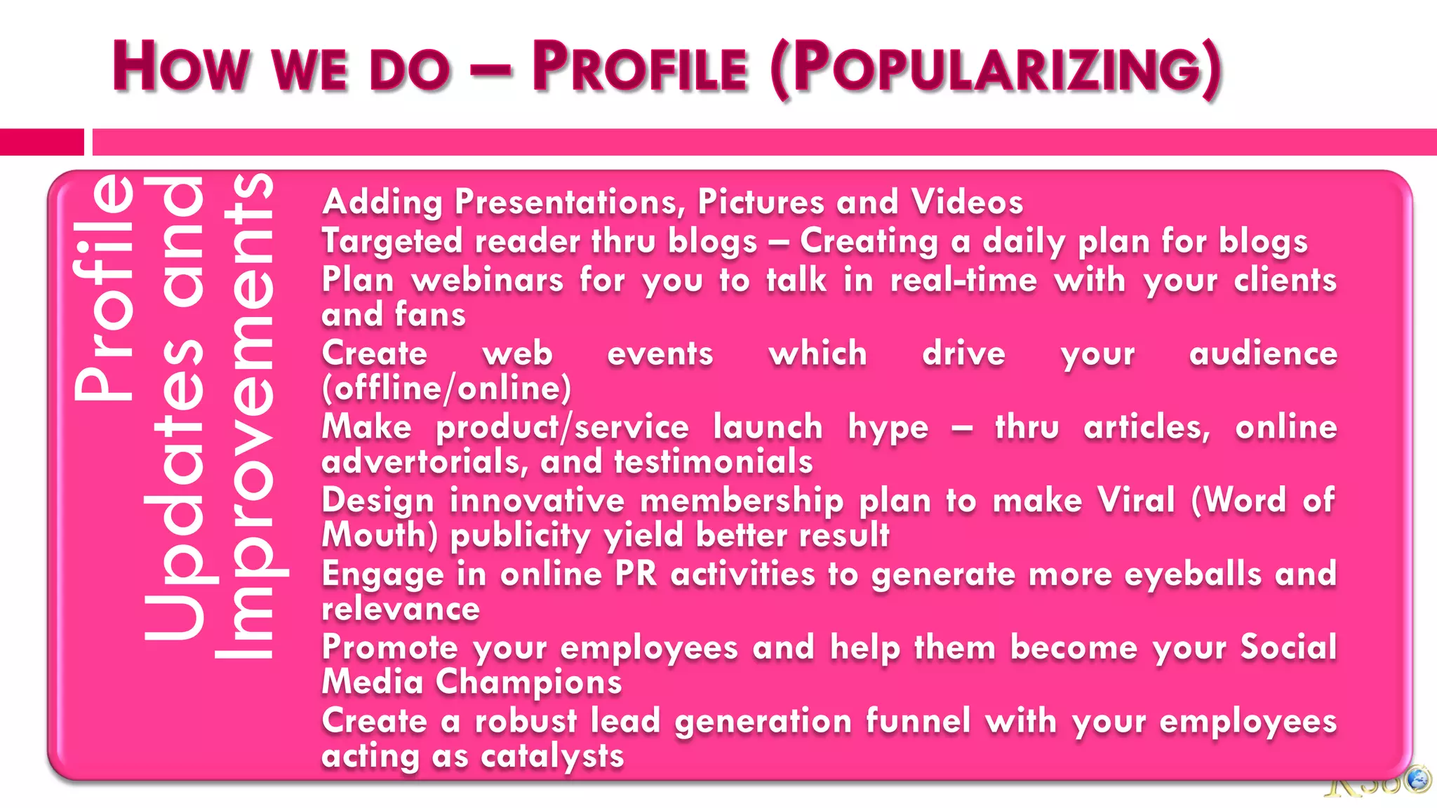Updates and
Improvements
      Profile
                Adding Presentations, Pictures and Videos
                Targeted reader thru blogs – Creating a daily plan for blogs
                Plan webinars for you to talk in real-time with your clients
                and fans
                Create web events which drive your audience
                (offline/online)
                Make product/service launch hype – thru articles, online
                advertorials, and testimonials
                Design innovative membership plan to make Viral (Word of
                Mouth) publicity yield better result
                Engage in online PR activities to generate more eyeballs and
                relevance
                Promote your employees and help them become your Social
                Media Champions
                Create a robust lead generation funnel with your employees
                acting as catalysts
 
