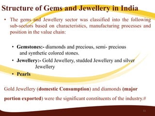 Structure of Gems and Jewellery in India
• The gems and Jewellery sector was classified into the following
  sub-sectors based on characteristics, manufacturing processes and
  position in the value chain:

   • Gemstones:- diamonds and precious, semi- precious
      and synthetic colored stones.
   • Jewellery:- Gold Jewellery, studded Jewellery and silver
             Jewellery
   • Pearls

Gold Jewellery (domestic Consumption) and diamonds (major
portion exported) were the significant constituents of the industry.#

                                                                   11
 