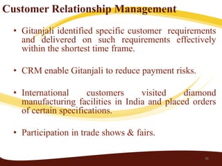 Customer Relationship Management
  • Gitanjali identified specific customer requirements
    and delivered on such requirements effectively
    within the shortest time frame.

  • CRM enable Gitanjali to reduce payment risks.

  • International      customers    visited    diamond
    manufacturing facilities in India and placed orders
    of certain specifications.

  • Participation in trade shows & fairs.

                                                    36
 