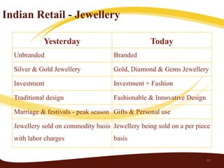 Indian Retail - Jewellery

            Yesterday                             Today
  Unbranded                          Branded

  Silver & Gold Jewellery            Gold, Diamond & Gems Jewellery

  Investment                         Investment + Fashion

  Traditional design                 Fashionable & Innovative Design

  Marriage & festivals - peak season Gifts & Personal use

  Jewellery sold on commodity basis Jewellery being sold on a per piece
  with labor charges                 basis


                                                                       41
 
