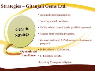 Strategies – Gitanjali Gems Ltd.
                       • Various distribution channels.

                       • Securing suitable locations.

                       • Ability to hire, train & retain qualified personnel.

                       • Regular Staff Training Programs.

                       • Various Leadership & Performance enhancement
                         programs.

                       • 26 Distributors, 620 Outlets.
         Operational
         Excellence • 17 Franchise outlets.

                       •Inventory Management System
                                                                         44
 