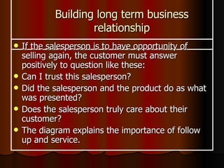 Building long term business relationship If the salesperson is to have opportunity of selling again, the customer must answer positively to question like these: Can I trust this salesperson? Did the salesperson and the product do as what was presented? Does the salesperson truly care about their customer? The diagram explains the importance of follow up and service. 