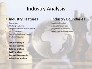 Industry Analysis
• Industry Features Industry Boundaries
• Overall size breadth of market
• Market growth rate product and services
• Geographic boundaries of market geographic distribution
• No Of competitors Level of vertical integration
• Pace of technological change
• Product innovation
• Industry analysis
• Internal analysis
• External analysis
• SWOT analysis
• Competitive analysis
• Value chain analysis
 