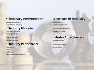 • Industry environment structure of Industry
Fragmented industry concentration
Consolidated Industry Economies of scale
• Industry life cycle product differentiation
Embryonic industry Barriers to Entry
Growing industry
Mature industry Industry Attractiveness
Decline industry profit potential
• Industry Performance growth prospects
Production competition
Sales
Profitability
Technological advancement
 