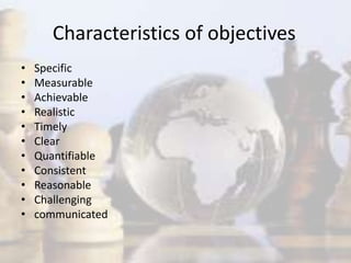 Characteristics of objectives
• Specific
• Measurable
• Achievable
• Realistic
• Timely
• Clear
• Quantifiable
• Consistent
• Reasonable
• Challenging
• communicated
 