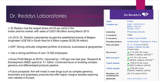 Dr. Reddys Laboratories Business Overview
 Dr Reddy’s has the largest share (24.45 per cent) in the
Indian pharma market, with sales of USD1.66 billion during March 2015
In 2015, Dr. Reddy's Laboratories bought the established brands of Belgian
drugmaker UCB SA in South Asia for 8 billion rupees ($128.38 million)
USP- Strong vertically integrated portfolio of products, businesses & geographies
 Has a strong workforce of over 15,000 employees
Gross Profit Margin at 59.5%, improved by ~130 bps over last year. Research &
Development (R&D) spend at 4.1 billion. Continued focus on building complex
generics and differentiated products pipeline
Future prospects- firm will invest in new drugs such as complex generics,
biosimilars and proprietary products that offer higher margins besides exploring
new markets in Europe
 