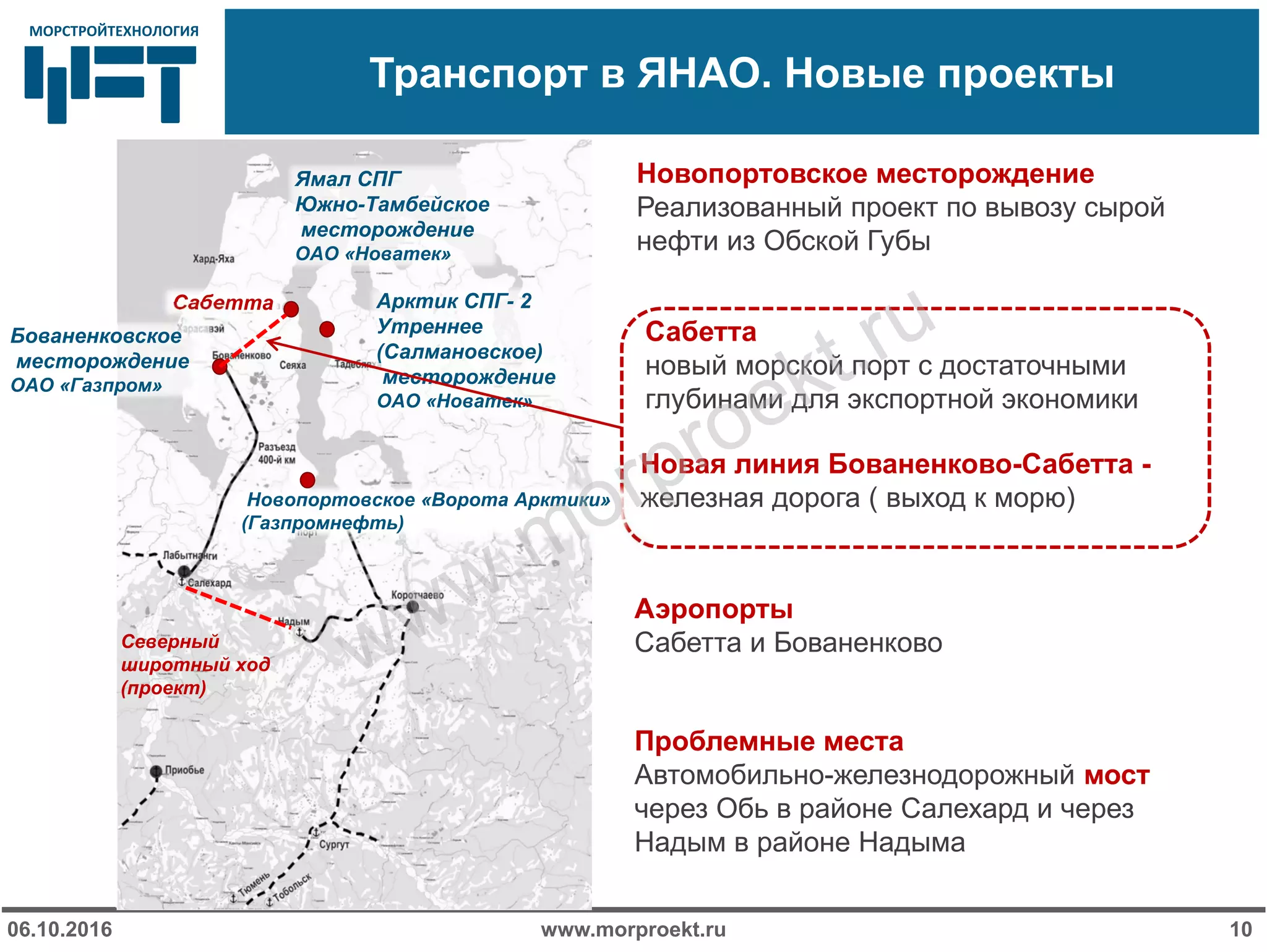 МОРСТРОЙТЕХНОЛОГИЯМОРСТРОЙТЕХНОЛОГИЯ
Транспорт в ЯНАО. Новые проекты
www.morproekt.ru06.10.2016 10
Сабетта
новый морской порт с достаточными
глубинами для экспортной экономики
Аэропорты
Сабетта и Бованенково
Новая линия Бованенково-Сабетта -
железная дорога ( выход к морю)
Проблемные места
Автомобильно-железнодорожный мост
через Обь в районе Салехард и через
Надым в районе Надыма
Новопортовское месторождение
Реализованный проект по вывозу сырой
нефти из Обской Губы
Сабетта
Новопортовское «Ворота Арктики»
(Газпромнефть)
Арктик СПГ- 2
Утреннее
(Салмановское)
месторождение
ОАО «Новатек»
Ямал СПГ
Южно-Тамбейское
месторождение
ОАО «Новатек»
Бованенковское
месторождение
ОАО «Газпром»
Северный
широтный ход
(проект)
www.morproekt.ru
 