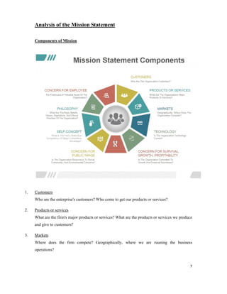 7
Analysis of the Mission Statement
Components of Mission
1. Customers
Who are the enterprise's customers? Who come to get our products or services?
2. Products or services
What are the firm's major products or services? What are the products or services we produce
and give to customers?
3. Markets
Where does the firm compete? Geographically, where we are ruuning the business
operations?
 