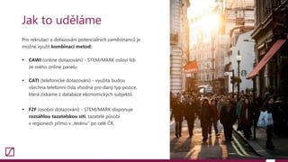 Pro rekrutaci a dotazování potenciálních zaměstnanců je
možné využít kombinaci metod:
 CAWI (online dotazování) - STEM/MARK osloví lidi
ze svého online panelu
 CATI (telefonické dotazování) - využita budou
všechna telefonní čísla vhodná pro daný typ pozice,
která získáme z databáze ekonomických subjektů
 F2F (osobní dotazování) - STEM/MARK disponuje
rozsáhlou tazatelskou sítí, tazatelé působí
v regionech přímo v „terénu“ po celé ČR.
15
Jak to uděláme
 