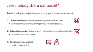 Jaké metody sběru dat použít?
Podle skladby, časových dispozic a míry participace zaměstnanců
1. On-line dotazování na zabezpečeném systému (unikátní link)
• administrativní pracovníci, management, obchodní zástupci…
2. Anketní dotazování (tištěné ankety) - sběrné boxy/hromadné vyplňování
• manuální, obslužné profese
3. Kombinace obou postupů
• velké výrobní podniky
 