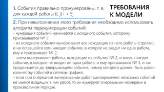 ТРЕБОВАНИЯ
К МОДЕЛИ
2. При невыполнении этого требования необходимо использовать
алгоритм перенумерации событий:
- нумерация событий начинается с исходного события, которому
присваивается № 1;
- из исходного события вычеркивают все исходящие из него работы (стрелки),
и на оставшейся сети находят событие, в которое не входит ни одна работа,
ему и присваивают № 2;
- затем вычеркивают работы, выходящие из события № 2, и вновь находят
событие, в которое не входит ни одна работа, и ему присваивают № 3, и так
продолжается до завершающего события, номер которого должен быть равен
количеству событий в сетевом графике;
- если при очередном вычеркивании работ одновременно несколько событий
не имеют входящих в них работ, то их нумеруют очередными номерами в
произвольном порядке.
1. События правильно пронумерованы, т. е.
для каждой работы (i, j) i < 5j
 