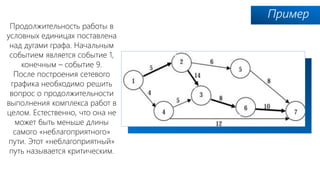 Пример
Продолжительность работы в
условных единицах поставлена
над дугами графа. Начальным
событием является событие 1,
конечным – событие 9.
После построения сетевого
графика необходимо решить
вопрос о продолжительности
выполнения комплекса работ в
целом. Естественно, что она не
может быть меньше длины
самого «неблагоприятного»
пути. Этот «неблагоприятный»
путь называется критическим.
 