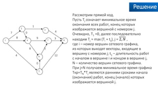 Решение
Рассмотрим прямой ход.
Пусть Tj означает минимальное время
окончания всех работ, конец которых
изображается вершиной с номером j.
Очевидно, T1 =0, далее последовательно
находим Tj = max (Ti + tij), j = 2, 𝑁 ,
где i – номер вершин сетевого графика,
из которых выходят векторы, входящие в
вершину с номером j; tij – длительность работ
с началом в вершине i и концом в вершине j,
N – количество вершин сетевого графика.
При j=N получаем минимальное время графика
Tкр=TN*Tj являются ранними сроками начала
(окончания) работ, конец (начало) которых
изображается вершиной j.
7
1
4
8
0
0
4 12
58
9 3
 