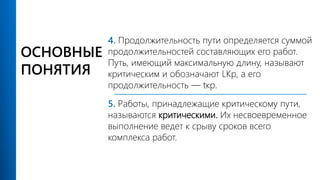 ОСНОВНЫЕ
ПОНЯТИЯ
4. Продолжительность пути определяется суммой
продолжительностей составляющих его работ.
Путь, имеющий максимальную длину, называют
критическим и обозначают LKp, а его
продолжительность — tкр.
5. Работы, принадлежащие критическому пути,
называются критическими. Их несвоевременное
выполнение ведет к срыву сроков всего
комплекса работ.
 