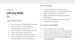 Lift and Shift
01
When it Works Great!
1. Partition Key is a GUID/UUID/TimeUUID
2. Partition Sizes are “Sane” because a
Clustering Key is a Natural Key
3. Ton of Columns and Most of the are Null
4. Ton of Text / Blobs / JSON / XML
5. Aren’t using JOINS or Arbitrary Queries
6. Aren’t using that many “Views” that are
basically JOINS or Arbitrary Queries
When it Fails Bigly!
1. Lookup Tables because there are a set
number of Records - no need for distribution.
2. When a Partition key is “Popular”
3. When a Time Series Data doesn’t come in
Consistently
4. Any type of JOIN / Arbitrary Query as the
primary Access Pattern
Some things to REMEMBER
1. CQL is Similar to but is NOT SQL
2. You can’t Query what is not a Key or Indexed
3. Indexes / Materialized Views can Have Skew
4. Empty Columns are better than Null Columns
5. Since you Lifted/Shifted, Performance Test
w/ Realistic Data
 