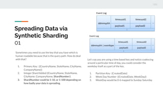 Spreading Data via
Synthetic Sharding
01
Sometimes you need to use the key that you have which is
human readable because that is the query path. How do deal
with that?
1. Primary Key : ((CountryName, StateName, CityName,
CompanyName))
2. Integer Shard Added ((CountryName, StateName,
CityName, CompanyName, ShardNumber))
3. ShardNumber could be 1-10, or 1-100 depending on
how badly your data is spreading.
Let’s say you are using a time based key and notice coalescing
around a particular time of day, you could consider the
weekday itself as a part of the key .
1. Partition Key : (CreatedDate)
2. Week Day Number ((CreatedDate, WeekDay))
3. WeekDay would be 0-6 mapped to Sunday-Saturday
 