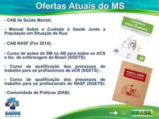 Ofertas Atuais do MS
- CAB de Saúde Mental;
- Manual Sobre o Cuidado à Saúde Junto a
População em Situação de Rua;
- CAB NASF (Fev 2014);
- Curso de ações de SM na AB para todos os ACS
e téc. de enfermagem do Brasil (SGETS);
- Curso de qualificação dos processos de
trabalho para os profissionais de eCR (SGETS) ;
- Curso de qualificação dos processos de
trabalho para os profissionais do NASF (SGETS);
- Comunidade de Práticas (DAB).
 