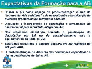 Expectativas da Formação para a AB
 Utilizar a AB como espaço de problematização clínica da
“loucura da vida cotidiana” e da naturalização e banalização de
questões promotoras de sofrimento psíquico;
 Discussão e incorporação de estratégias e ferramentas da
clínica da SM para o cuidado integral na AB;
 Não estaremos discutindo somente a qualificação do
diagnóstico em SM ou do encaminhamento para a
equipamentos da Rede de SM;
 Estaremos discutindo o cuidado possível em SM realizado na
AB, pelo ACS;
 A problematização do discurso das “demandas específicas” e
das especialidades de SM na AB.
 