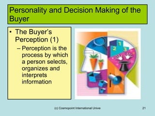 Personality and Decision Making of the Buyer The Buyer’s Perception (1) Perception is the process by which a person selects, organizes and interprets information 