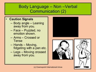 Body Language – Non –Verbal Communication (2) Caution Signals Body angle – Leaning away from you. Face – Puzzled, no emotion shown. Arms – Crossed or Tense Hands – Moving, fidgeting with a pen etc. Legs – Moving crossed away from you. 