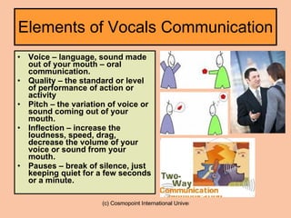 Elements of  Vocals  Communication Voice – language, sound made out of your mouth – oral communication. Quality – the standard or level of performance of action or activity Pitch – the variation of voice or sound coming out of your mouth. Inflection – increase the loudness, speed, drag, decrease the volume of your voice or sound from your mouth. Pauses – break of silence, just keeping quiet for a few seconds or a minute.  