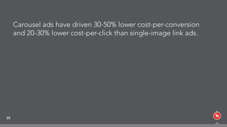 Carousel ads have driven 30-50% lower cost-per-conversion
and 20-30% lower cost-per-click than single-image link ads.
 
 
 
25
 