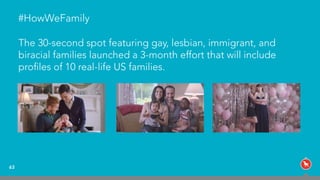 #HowWeFamily
The 30-second spot featuring gay, lesbian, immigrant, and
biracial families launched a 3-month effort that will include
proﬁles of 10 real-life US families.
63
 