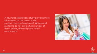 30
A new GlobalWebIndex study provides more
information on the role of social  
media in the purchase funnel. While social
platforms do not drive a high number of
direct orders, they still play a role in  
e-commerce.
 