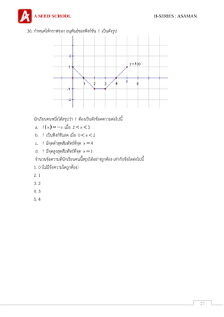 A SEED SCHOOL H-SERIES : ASAMAN
27
30. กาหนดให้กราฟของ อนุพันธ์ของฟังก์ชัน f เป็นดังรูป
นักเรียนคนหนึ่งได้สรุปว่า f ต้องเป็นดังข้อคความต่อไปนี้
a.  f x x  เมื่อ 2 x 3 
b. f เป็นฟังก์ชันลด เมื่อ 0 x 2 
c. f มีจุดต่าสุดสัมพัทธ์ที่จุด x 4
d. f มีจุดสูงสุดสัมพัทธ์ที่จุด x 1
จานวนข้อความที่นักเรียนคนนี้สรุปได้อย่างถูกต้อง เท่ากับข้อใดต่อไปนี้
1. 0 (ไม่มีข้อความใดถูกต้อง)
2. 1
3. 2
4. 3
5. 4
 