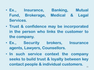 22
• Ex., Insurance, Banking, Mutual
Fund, Brokerage, Medical & Legal
Services.
• Trust & confidence may be incorporated
in the person who links the customer to
the company.
• Ex., Security brokers, Insurance
agents, Lawyers, Counsellors.
• In such service context the company
seeks to build trust & loyalty between key
contact people & individual customers.
 