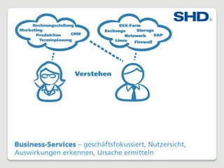 Business-Services – geschäftsfokussiert, Nutzersicht,
Auswirkungen erkennen, Ursache ermitteln
 