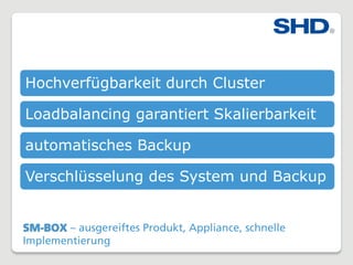 SM-BOX – ausgereiftes Produkt, Appliance, schnelle
Implementierung
Hochverfügbarkeit durch Cluster
Loadbalancing garantiert Skalierbarkeit
automatisches Backup
Verschlüsselung des System und Backup
 