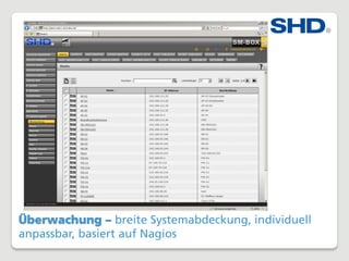 Überwachung – breite Systemabdeckung, individuell
anpassbar, basiert auf Nagios
 