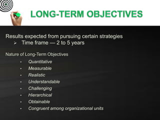 Results expected from pursuing certain strategies
 Time frame — 2 to 5 years
Nature of Long-Term Objectives
• Quantitative
• Measurable
• Realistic
• Understandable
• Challenging
• Hierarchical
• Obtainable
• Congruent among organizational units
 