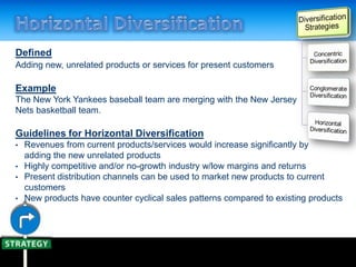 Defined
Adding new, unrelated products or services for present customers
Example
The New York Yankees baseball team are merging with the New Jersey
Nets basketball team.
Guidelines for Horizontal Diversification
• Revenues from current products/services would increase significantly by
adding the new unrelated products
• Highly competitive and/or no-growth industry w/low margins and returns
• Present distribution channels can be used to market new products to current
customers
• New products have counter cyclical sales patterns compared to existing products
 