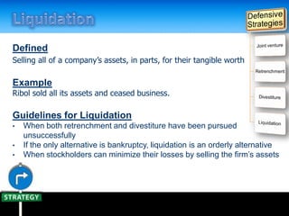 Defined
Selling all of a company’s assets, in parts, for their tangible worth
Example
Ribol sold all its assets and ceased business.
Guidelines for Liquidation
• When both retrenchment and divestiture have been pursued
unsuccessfully
• If the only alternative is bankruptcy, liquidation is an orderly alternative
• When stockholders can minimize their losses by selling the firm’s assets
 