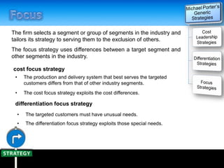 The firm selects a segment or group of segments in the industry and
tailors its strategy to serving them to the exclusion of others.
The focus strategy uses differences between a target segment and
other segments in the industry.
cost focus strategy
• The production and delivery system that best serves the targeted
customers differs from that of other industry segments.
• The cost focus strategy exploits the cost differences.
differentiation focus strategy
• The targeted customers must have unusual needs.
• The differentiation focus strategy exploits those special needs.
 