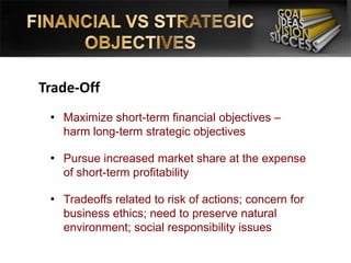 Trade-Off
• Maximize short-term financial objectives –
harm long-term strategic objectives
• Pursue increased market share at the expense
of short-term profitability
• Tradeoffs related to risk of actions; concern for
business ethics; need to preserve natural
environment; social responsibility issues
 