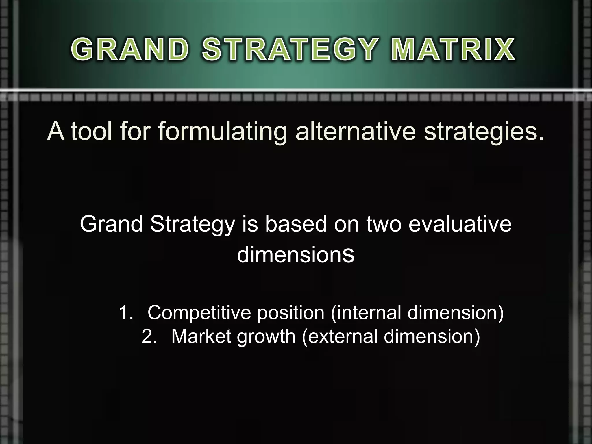 A tool for formulating alternative strategies.
Grand Strategy is based on two evaluative
dimensions
1. Competitive position (internal dimension)
2. Market growth (external dimension)
 