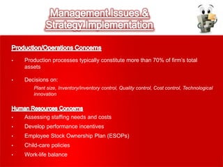• Production processes typically constitute more than 70% of firm’s total
assets
• Decisions on:
Plant size, Inventory/inventory control, Quality control, Cost control, Technological
innovation
• Assessing staffing needs and costs
• Develop performance incentives
• Employee Stock Ownership Plan (ESOPs)
• Child-care policies
• Work-life balance
 