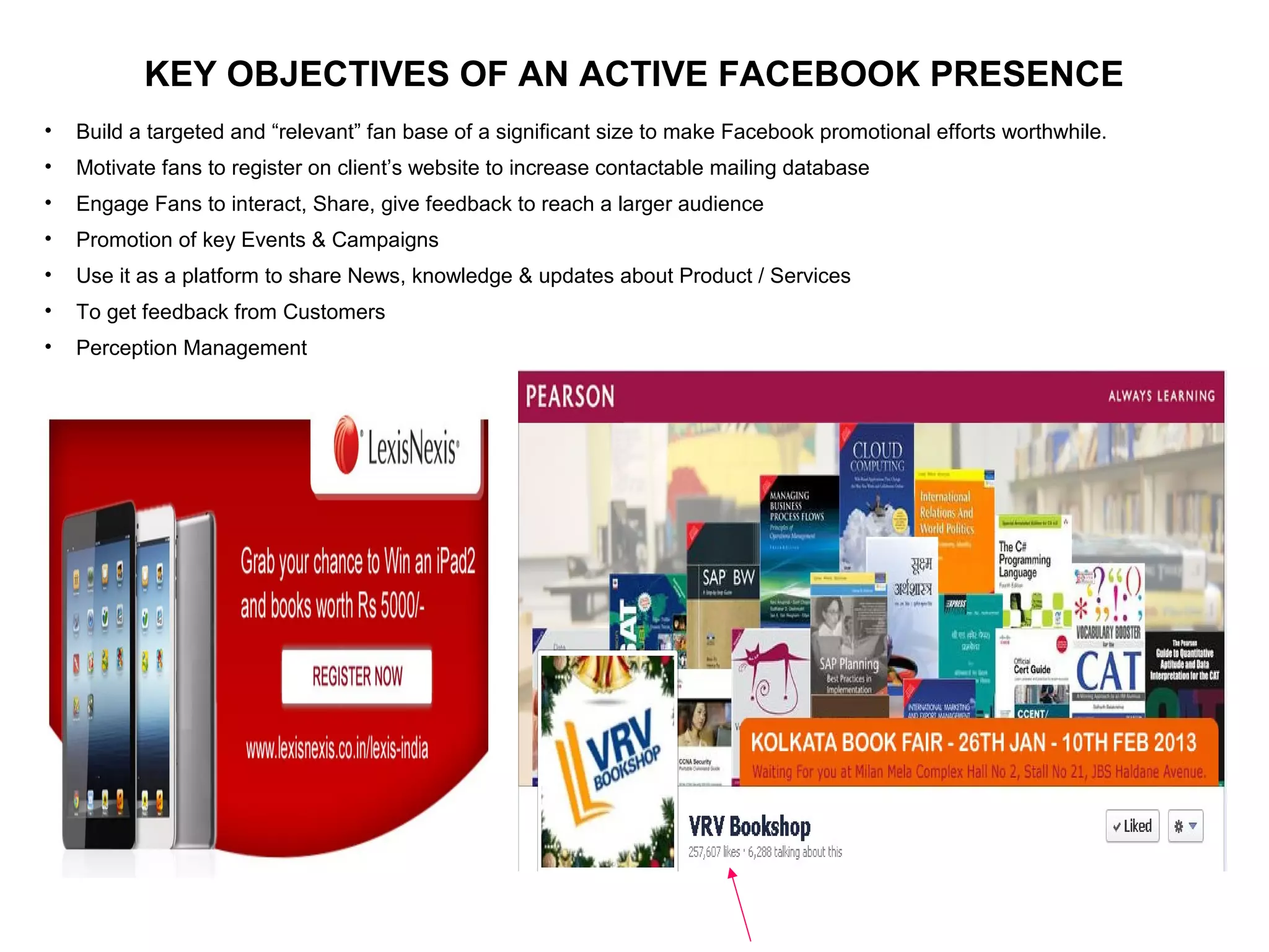 KEY OBJECTIVES OF AN ACTIVE FACEBOOK PRESENCE
• Build a targeted and “relevant” fan base of a significant size to make Facebook promotional efforts worthwhile.
• Motivate fans to register on client’s website to increase contactable mailing database
• Engage Fans to interact, Share, give feedback to reach a larger audience
• Promotion of key Events & Campaigns
• Use it as a platform to share News, knowledge & updates about Product / Services
• To get feedback from Customers
• Perception Management
 