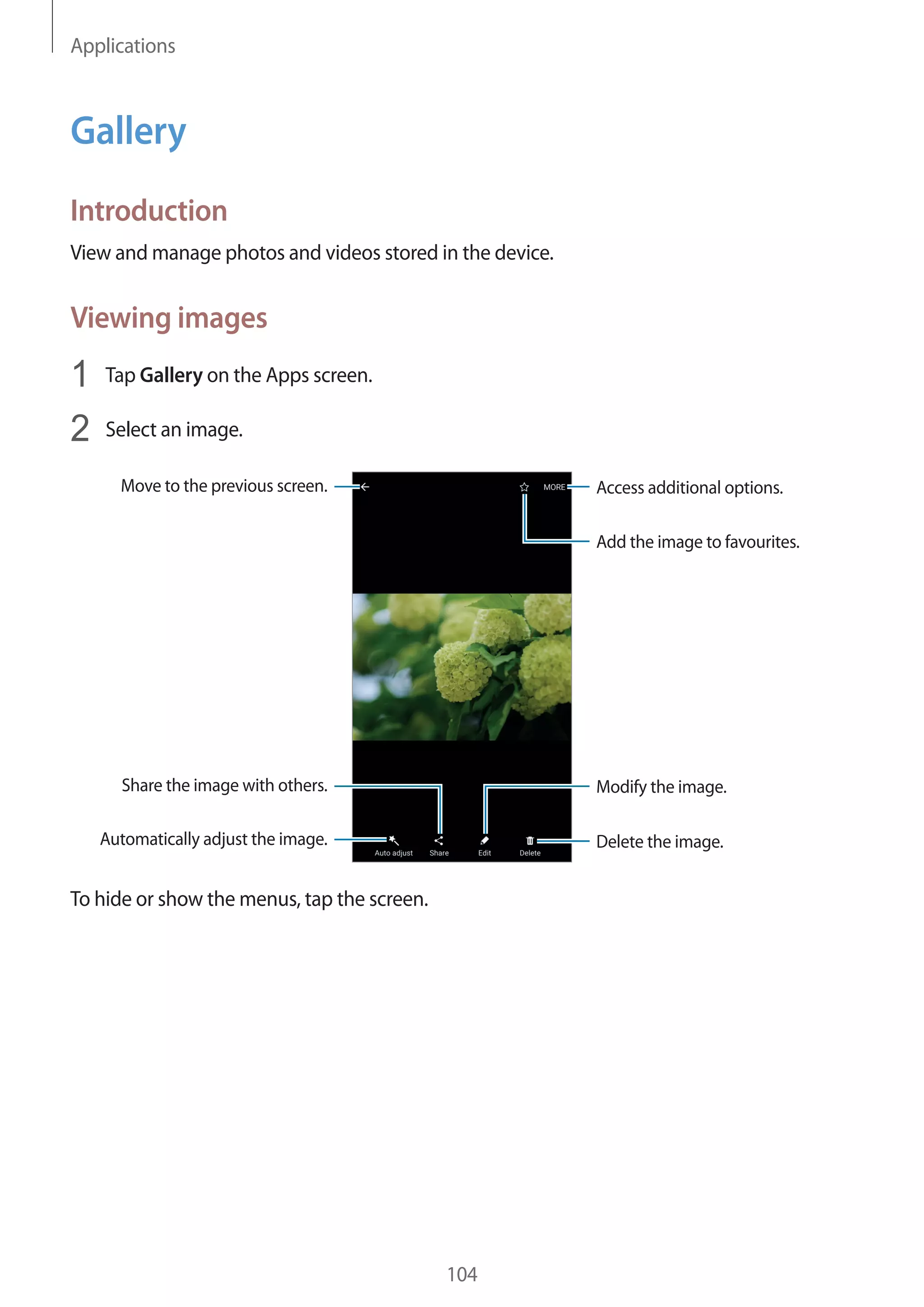 Applications
104
Gallery
Introduction
View and manage photos and videos stored in the device.
Viewing images
1	 Tap Gallery on the Apps screen.
2	 Select an image.
Access additional options.Move to the previous screen.
Automatically adjust the image.
Share the image with others.
Delete the image.
Modify the image.
Add the image to favourites.
To hide or show the menus, tap the screen.
 