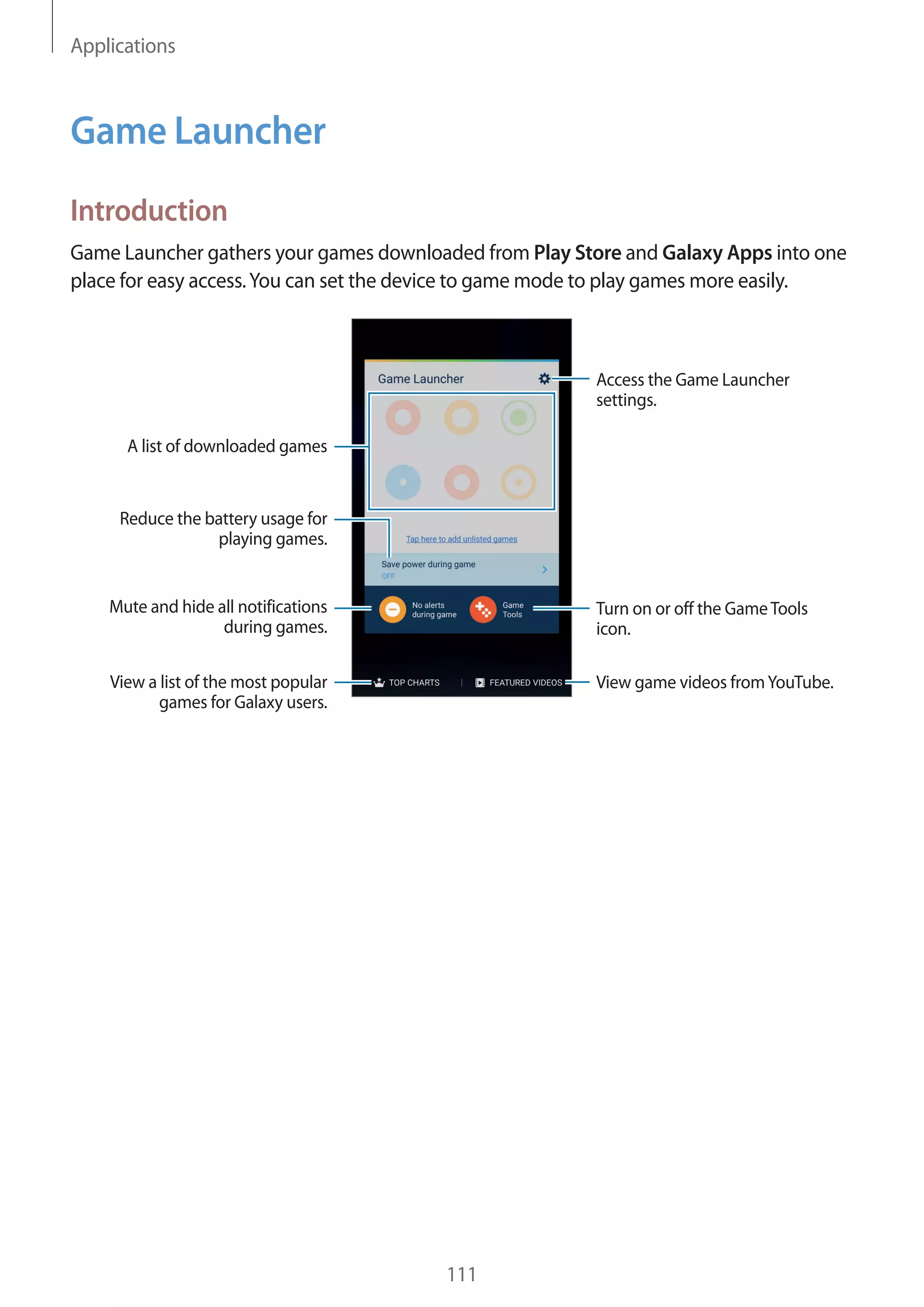 Applications
111
Game Launcher
Introduction
Game Launcher gathers your games downloaded from Play Store and Galaxy Apps into one
place for easy access.You can set the device to game mode to play games more easily.
Access the Game Launcher
settings.
A list of downloaded games
Mute and hide all notifications
during games.
Reduce the battery usage for
playing games.
Turn on or off the GameTools
icon.
View game videos fromYouTube.View a list of the most popular
games for Galaxy users.
 