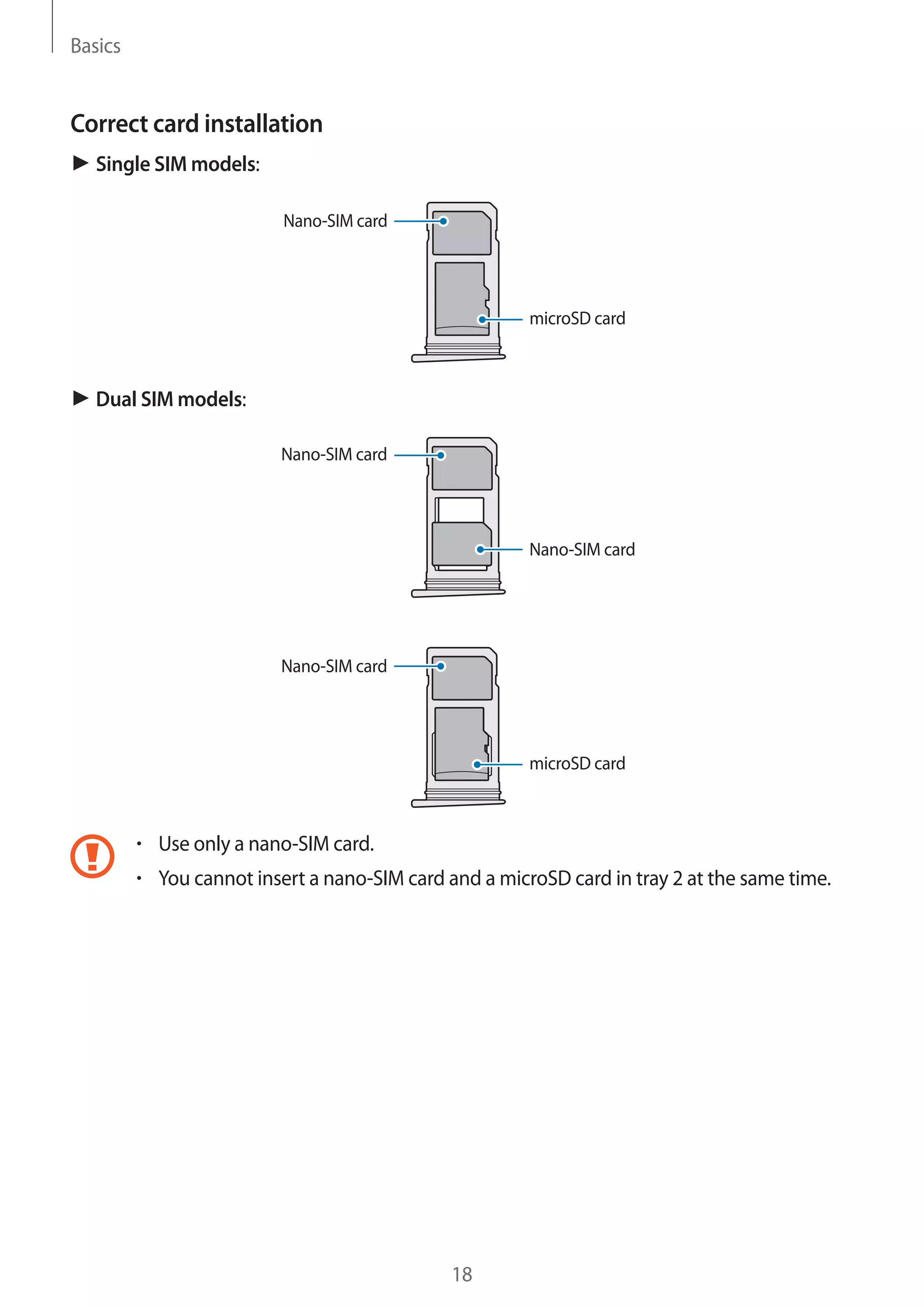 Basics
18
Correct card installation
► Single SIM models:
Nano-SIM card
microSD card
► Dual SIM models:
Nano-SIM card
Nano-SIM card
Nano-SIM card
microSD card
• 	Use only a nano-SIM card.
• 	You cannot insert a nano-SIM card and a microSD card in tray 2 at the same time.
 