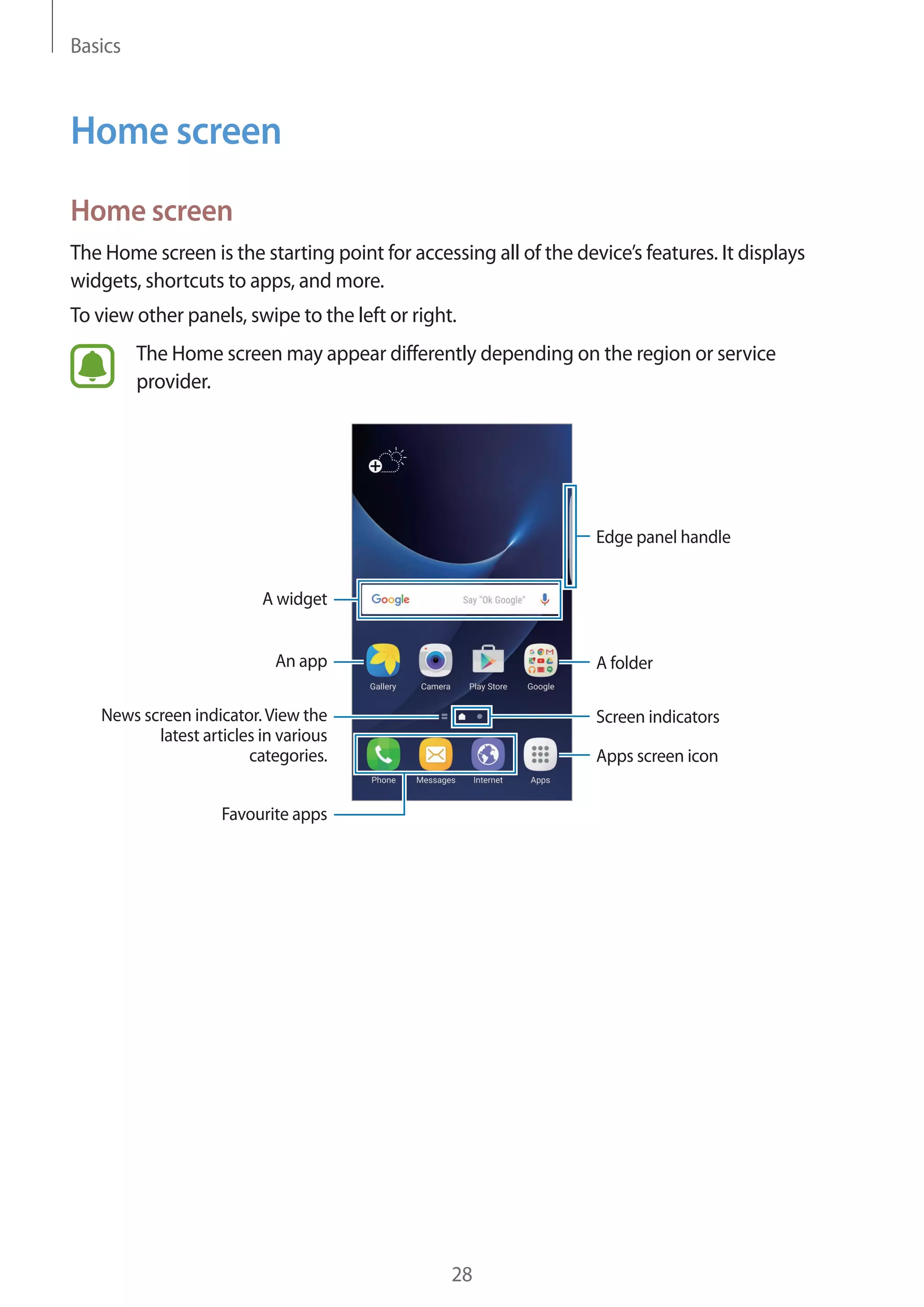 Basics
28
Home screen
Home screen
The Home screen is the starting point for accessing all of the device’s features. It displays
widgets, shortcuts to apps, and more.
To view other panels, swipe to the left or right.
The Home screen may appear differently depending on the region or service
provider.
A widget
An app A folder
Edge panel handle
Screen indicators
Favourite apps
Apps screen icon
News screen indicator.View the
latest articles in various
categories.
 