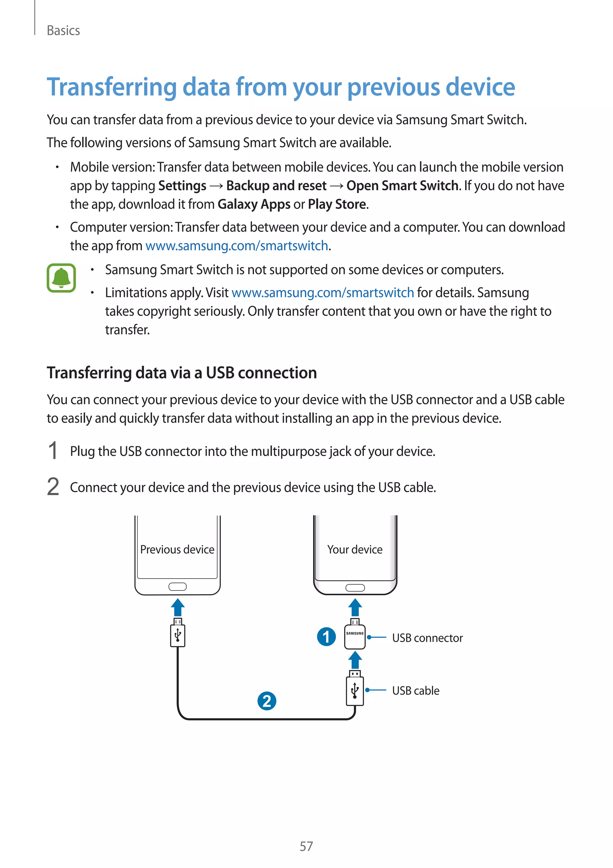 Basics
57
Transferring data from your previous device
You can transfer data from a previous device to your device via Samsung Smart Switch.
The following versions of Samsung Smart Switch are available.
• 	Mobile version:Transfer data between mobile devices.You can launch the mobile version
app by tapping Settings → Backup and reset → Open Smart Switch. If you do not have
the app, download it from Galaxy Apps or Play Store.
• 	Computer version:Transfer data between your device and a computer.You can download
the app from www.samsung.com/smartswitch.
• 	Samsung Smart Switch is not supported on some devices or computers.
• 	Limitations apply.Visit www.samsung.com/smartswitch for details. Samsung
takes copyright seriously. Only transfer content that you own or have the right to
transfer.
Transferring data via a USB connection
You can connect your previous device to your device with the USB connector and a USB cable
to easily and quickly transfer data without installing an app in the previous device.
1	 Plug the USB connector into the multipurpose jack of your device.
2	 Connect your device and the previous device using the USB cable.
USB connector
Your devicePrevious device
USB cable
1
2
 